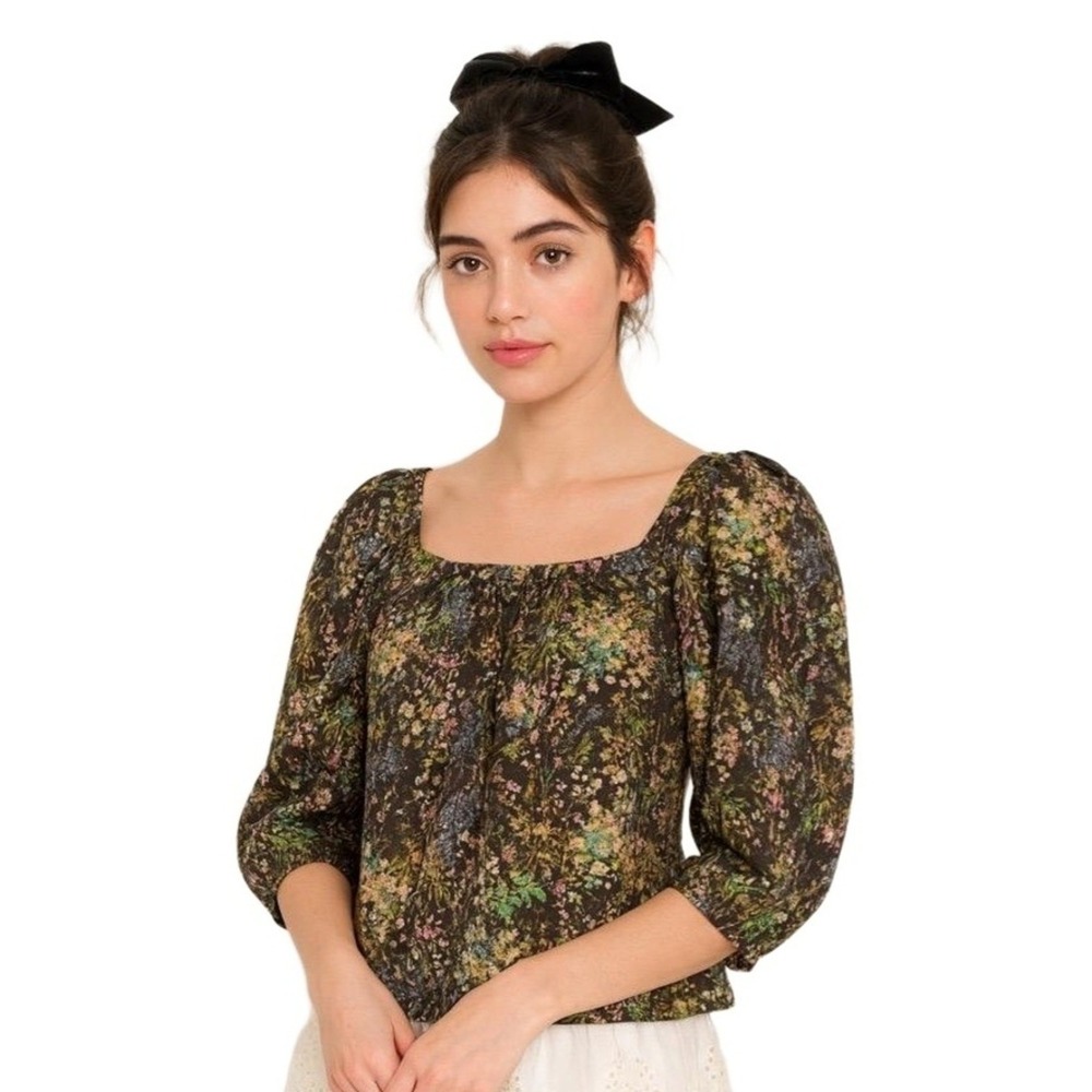 Lauren Conrad Blouse Womens XS Floral Print Long Sleeve Square Neck forest Fairy